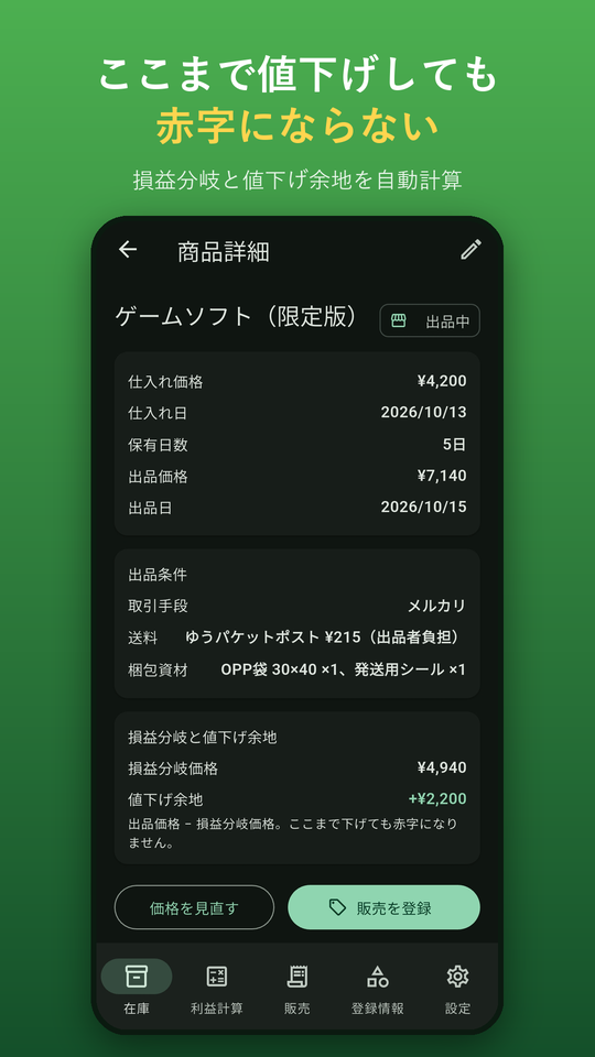 商品詳細：値下げしても赤字にならない下限を表示